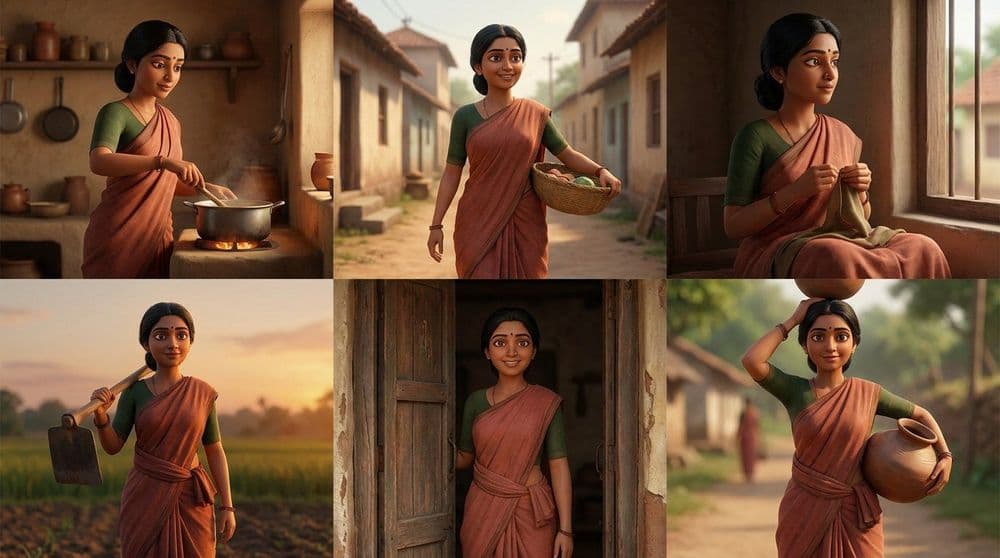 Six-panel grid showing the identical illustrated woman in a red sari cooking, walking, sitting and carrying water across six different scenes