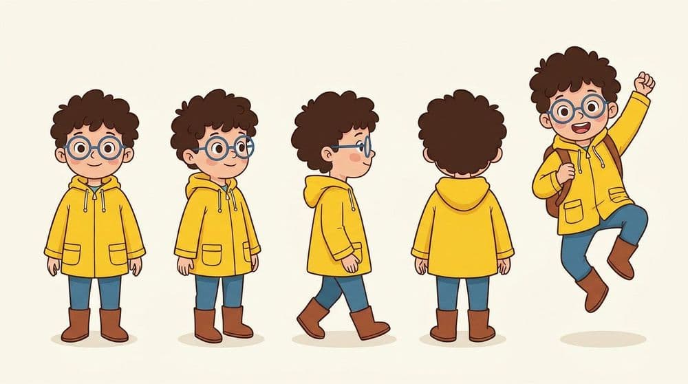 Character reference sheet of the same illustrated boy in a yellow raincoat drawn from five angles with identical features
