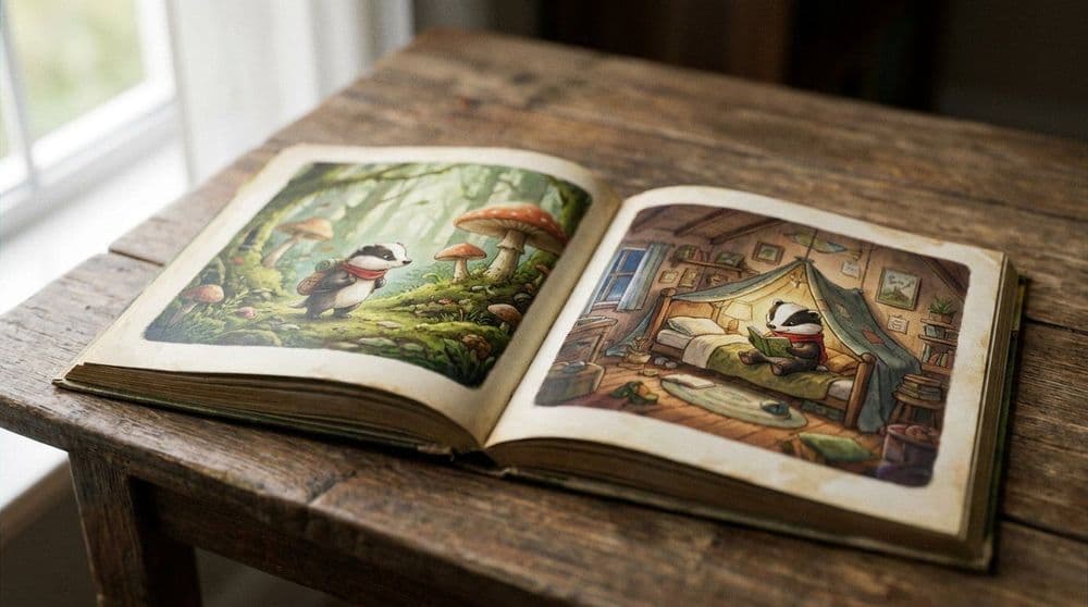 Open children's picture book on a wooden table with the same small hero character illustrated on both page spreads