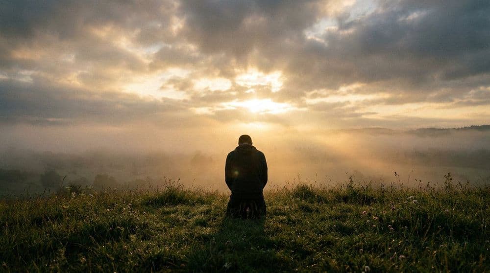 Lone figure on a misty hilltop at sunrise seen from behind, golden light breaking through clouds over a valley