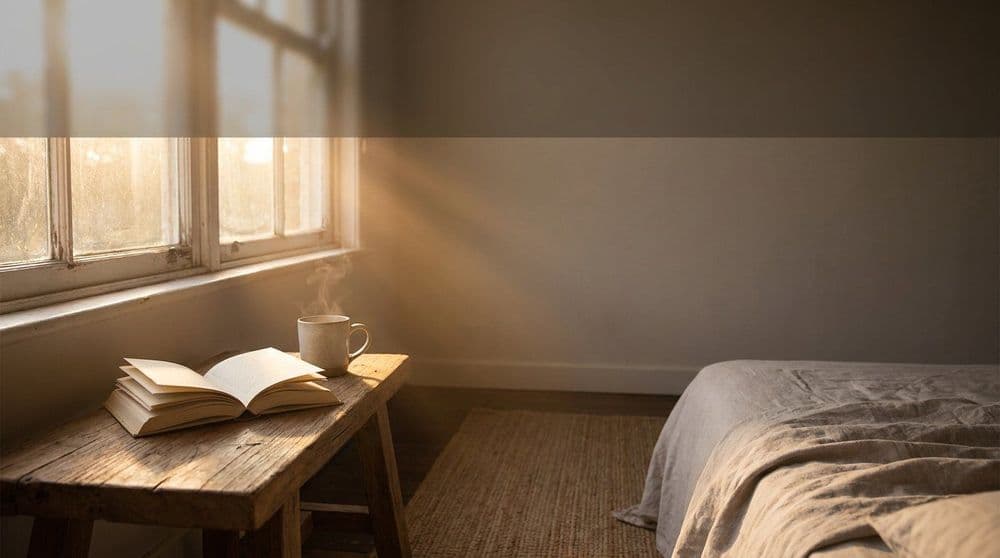 Warm dawn light through a bedroom window falling on an open book and a steaming cup on a rustic wooden table