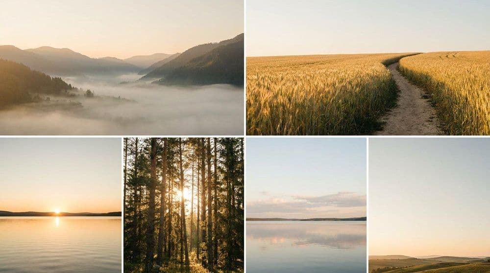 Grid of six serene photorealistic landscape backgrounds in a matching warm golden colour grade, each with empty space in the upper third