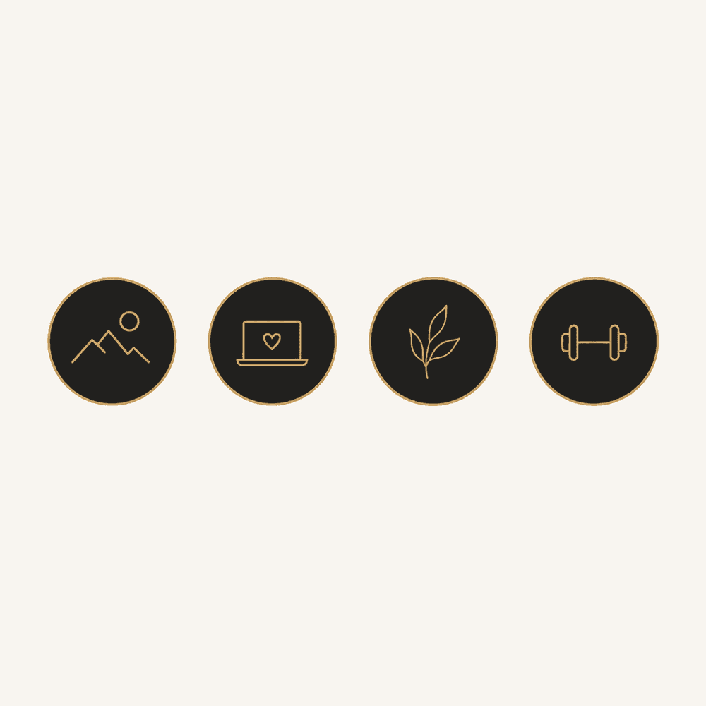 Set of four minimal circular Instagram highlight cover icons in a dark elegant color palette with gold line art