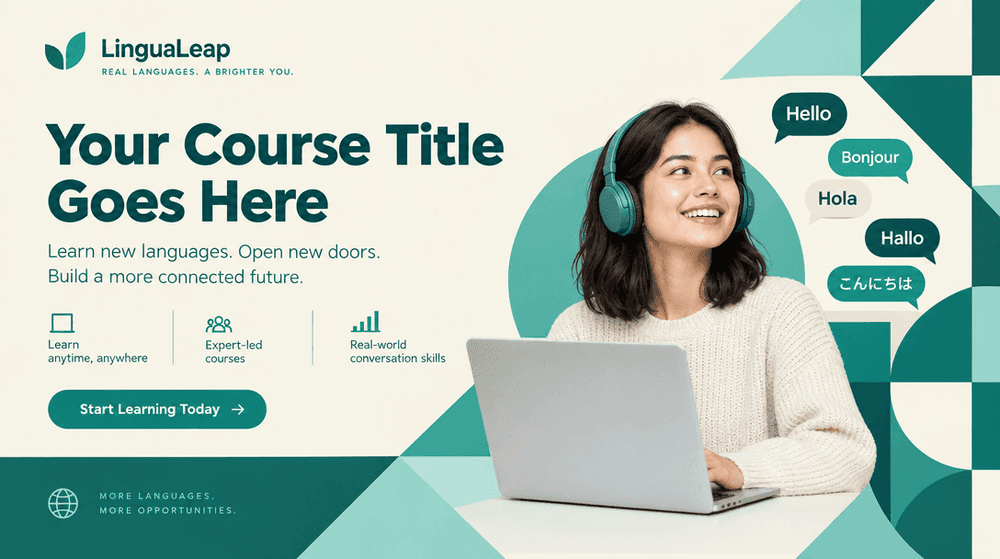 Flat design promotional banner for an online language course with teal and cream brand colors