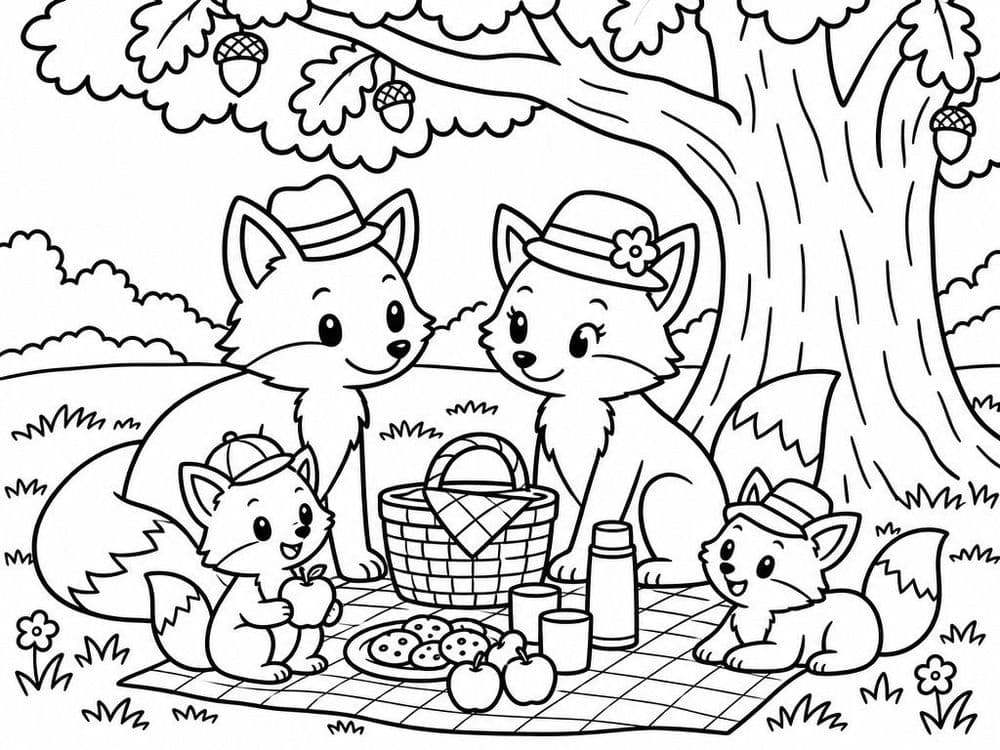 Black and white line art coloring book page of a fox family picnicking under an oak tree
