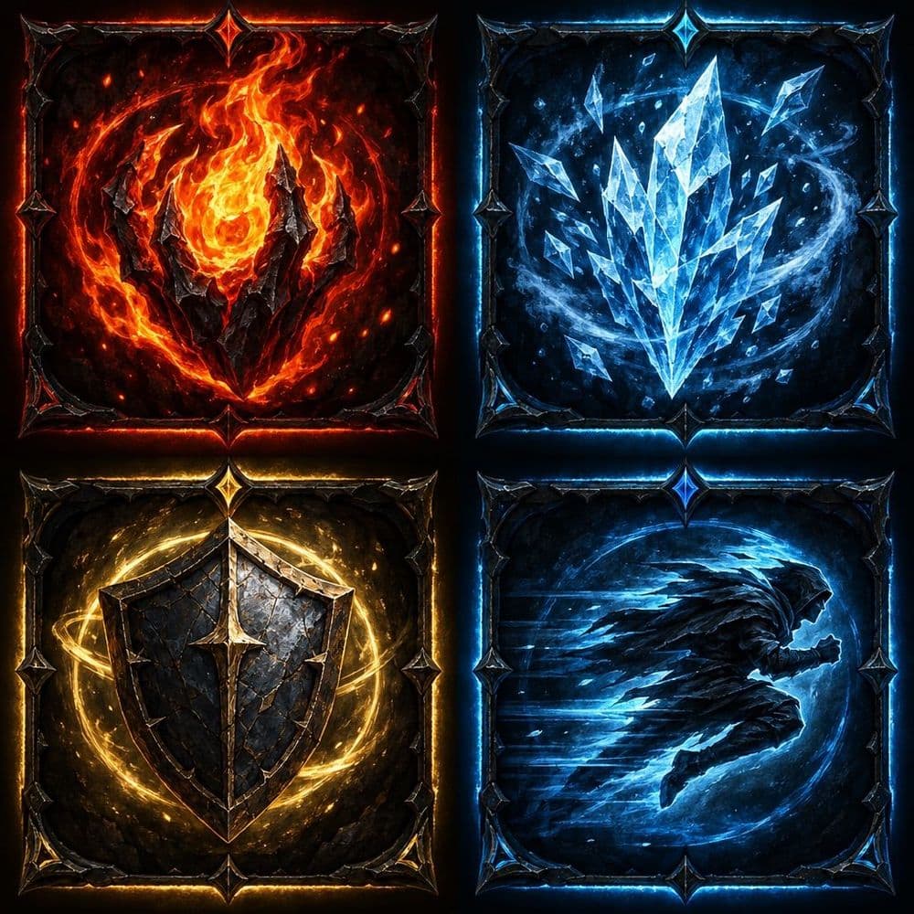 Set of four dark fantasy RPG upgrade icons in a consistent hand-painted style representing fire, ice, shield and speed