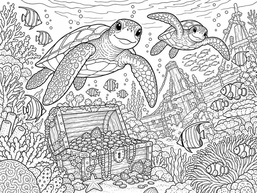 Black and white line art coloring page of an underwater adventure with sea turtles and a treasure chest