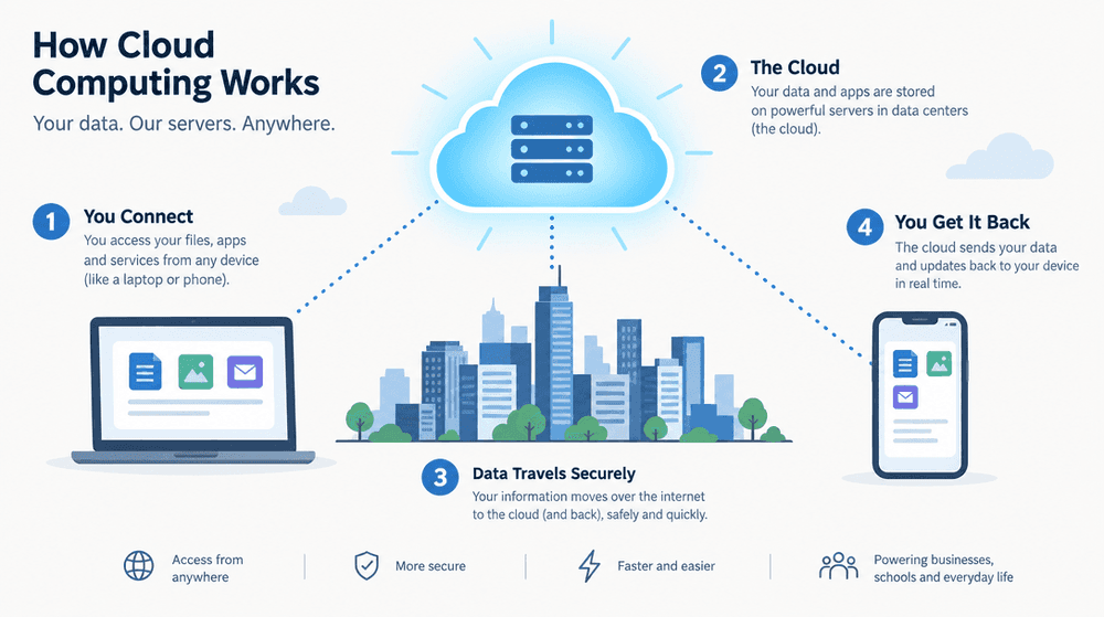 Flat illustration diagram of a cloud computing icon connected to a laptop and phone for a classroom slide