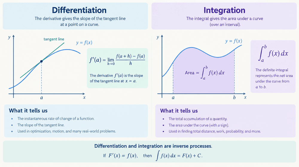 Flat vector diagram explaining calculus differentiation and integration with a labeled curve