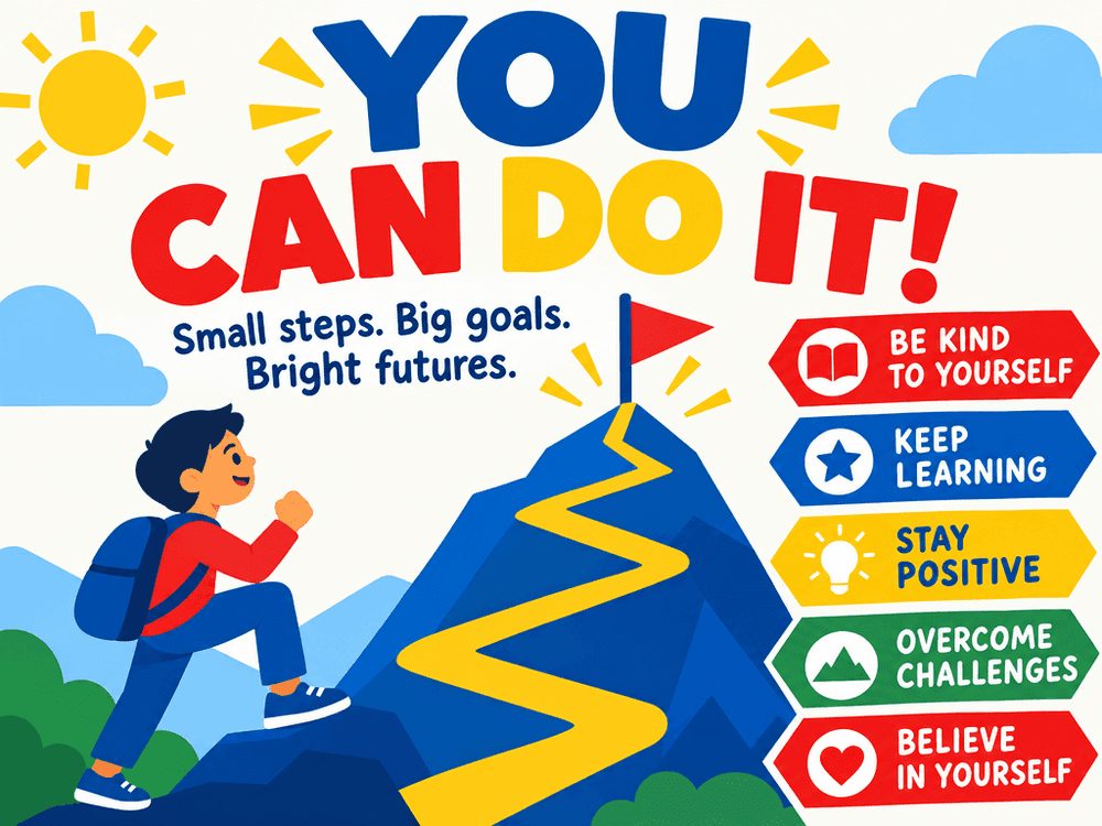 Colorful flat illustration motivational classroom poster with bold title area and geometric shapes