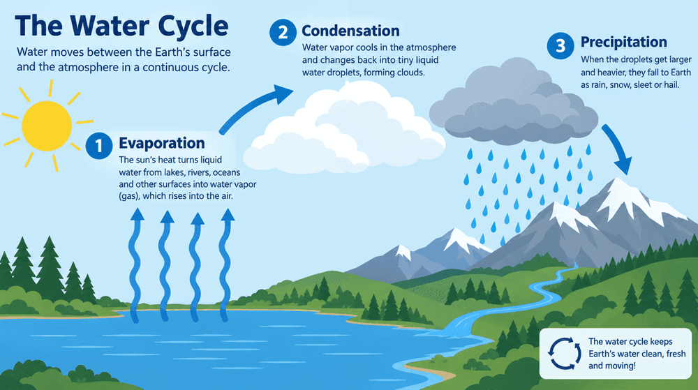 Flat vector diagram of the water cycle showing evaporation, condensation and precipitation for a science class