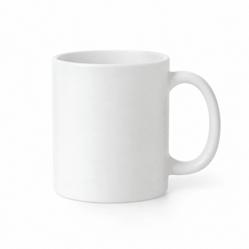 Minimalist matte white ceramic coffee mug product photo on a seamless white background