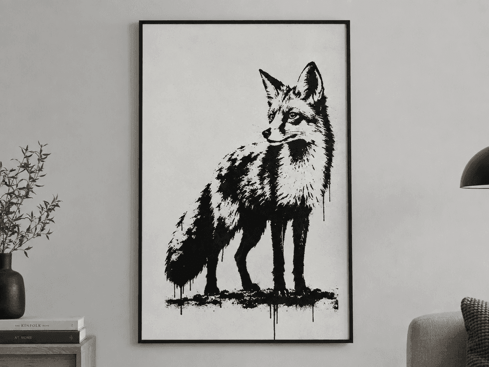 Framed black and white stencil-graffiti style fox print hanging on a gallery wall, Etsy wall art mockup