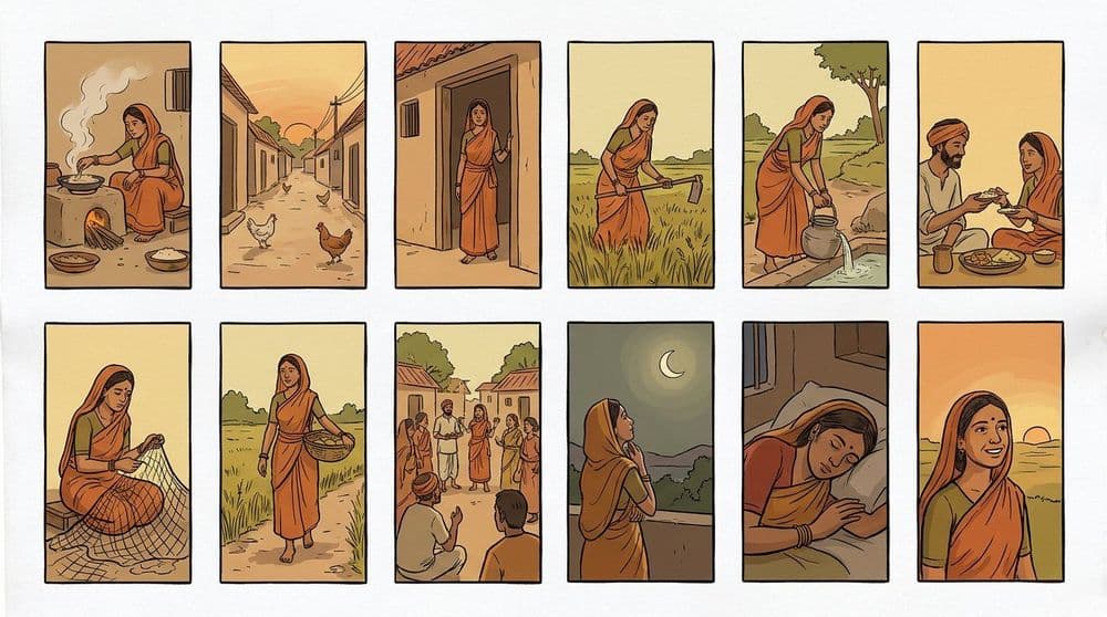 Contact sheet of twelve vertical AI-generated storyboard frames in one consistent hand-drawn illustration style, showing the same woman across a village story