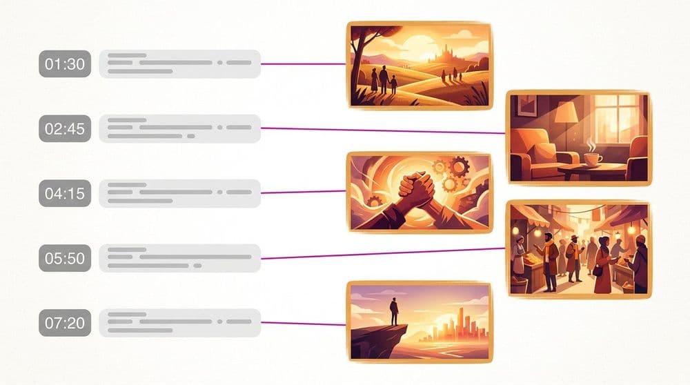 Diagram pairing timestamped narration lines on the left with their matching generated scene images on the right
