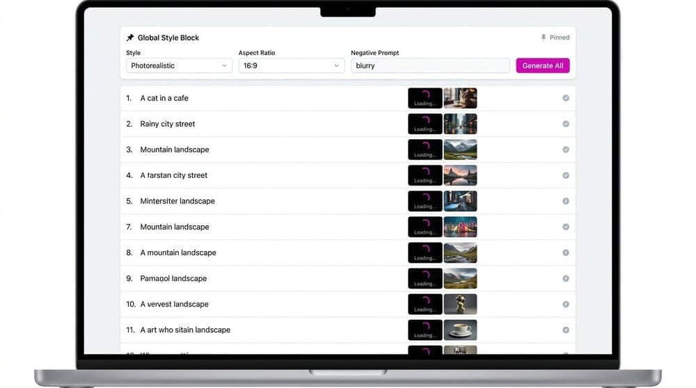 Batch generation interface showing a pinned global style block above a table with one scene row and thumbnail preview per beat
