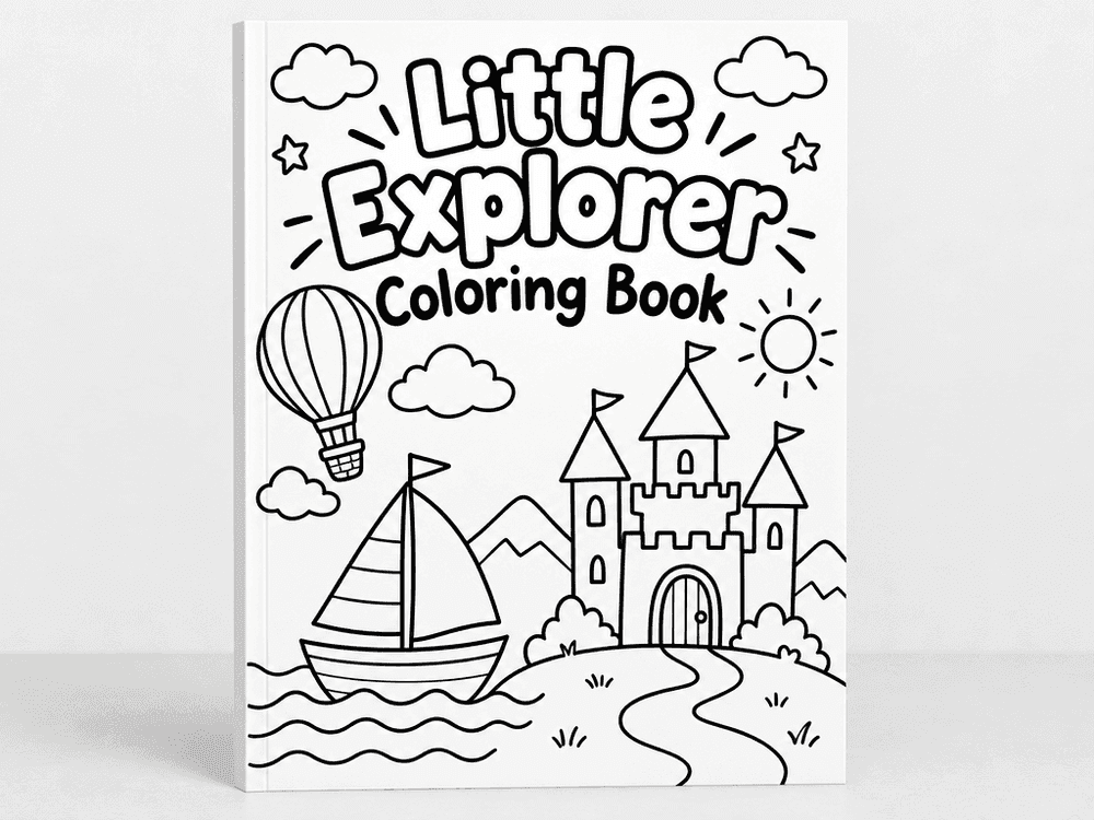 Coloring book cover mockup titled Little Explorer Coloring Book with line art doodles of a hot air balloon, sailboat and castle