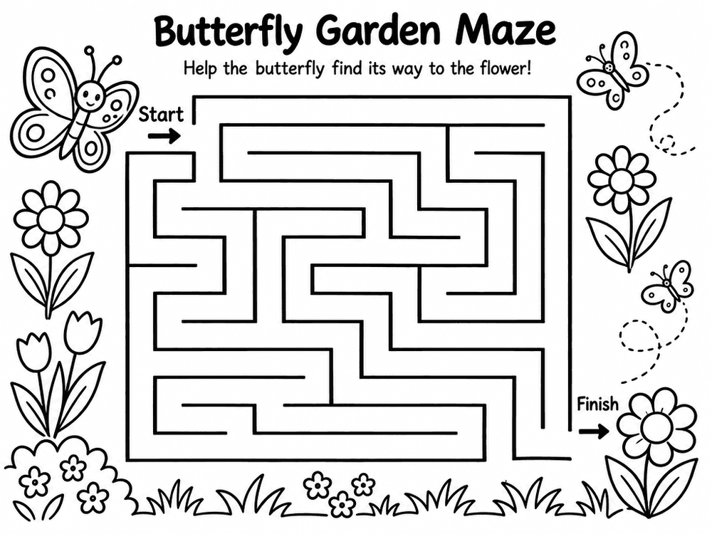 Black and white printable maze worksheet through a garden with butterflies and flowers