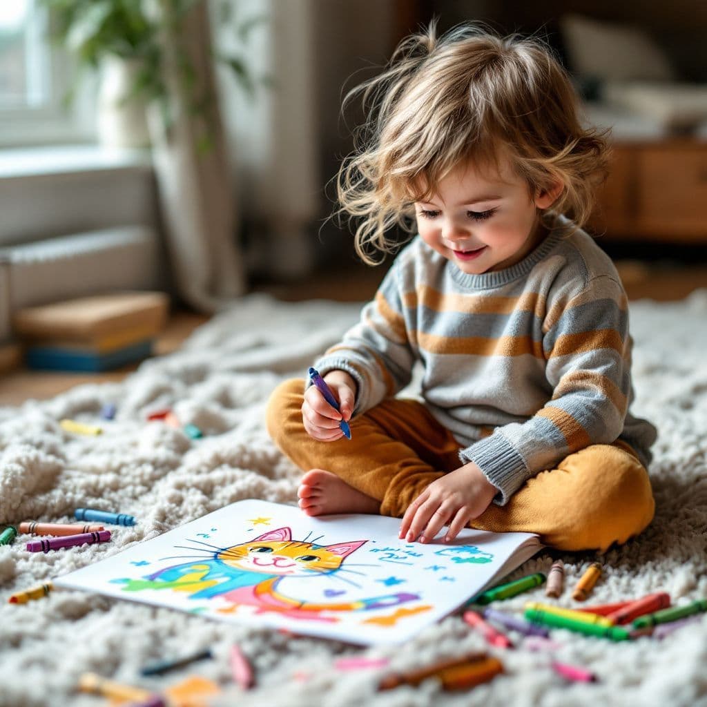Child coloring a cat drawing